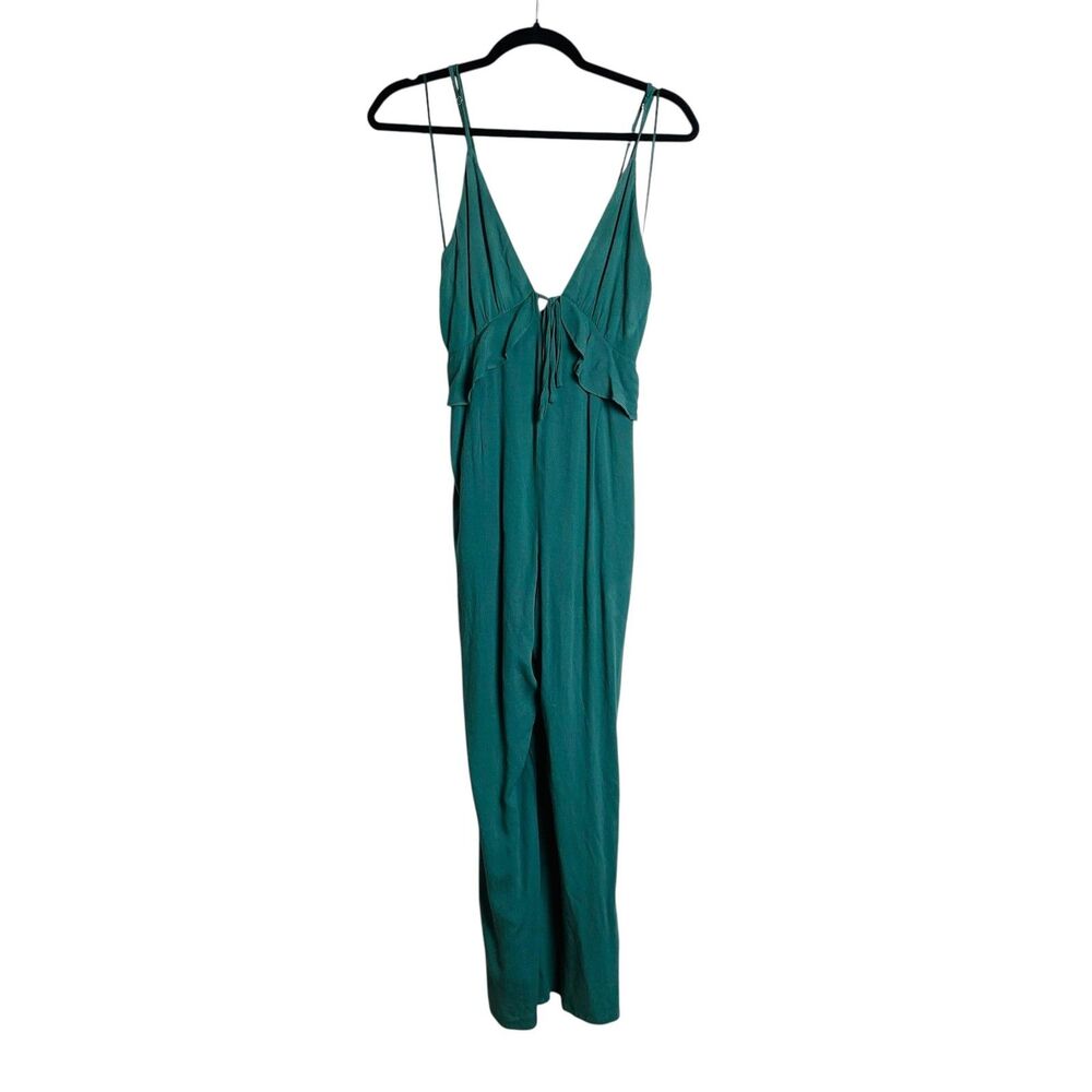 Green Maxi Jumpsuit Womens Medium Spaghetti Strap Ruffle V Neck Backless Tie